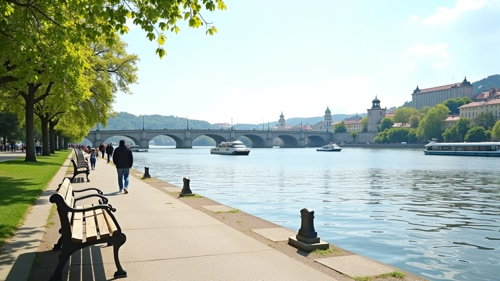 Řeka Vltava s loďkami a starým mostem v pozadí, parkové lavičky podél břehu